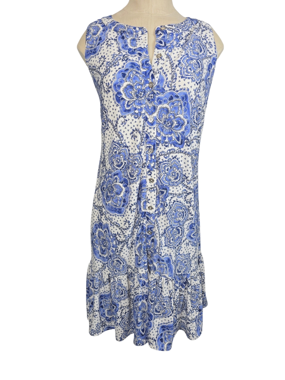 Tommy Hilfiger Blue and White Floral Ruffle-Trim Mini Dress